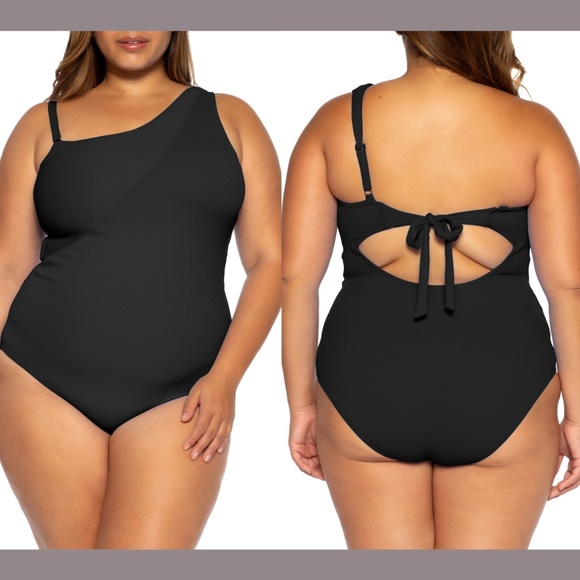 NEW Becca Etc Ribbed Fine‎ Line One-Shoulder One-Piece Swimsuit [ 0X 14/16 ] - Picture 1 of 12
